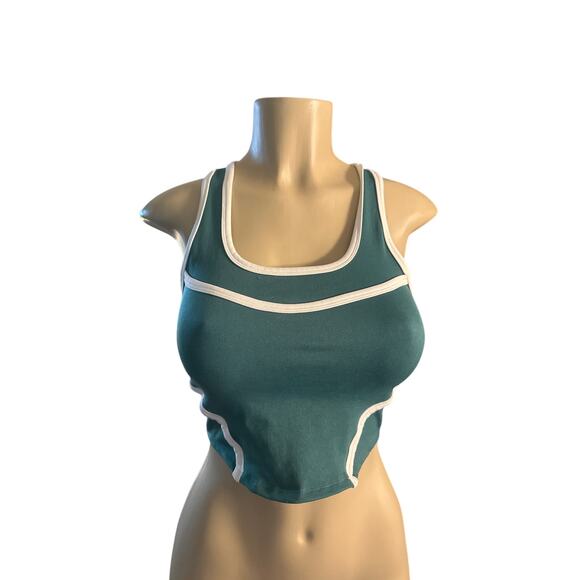 Women S M Free People FP Movement Cross Bar Cami Green White Crop Tank Top - Picture 2 of 6